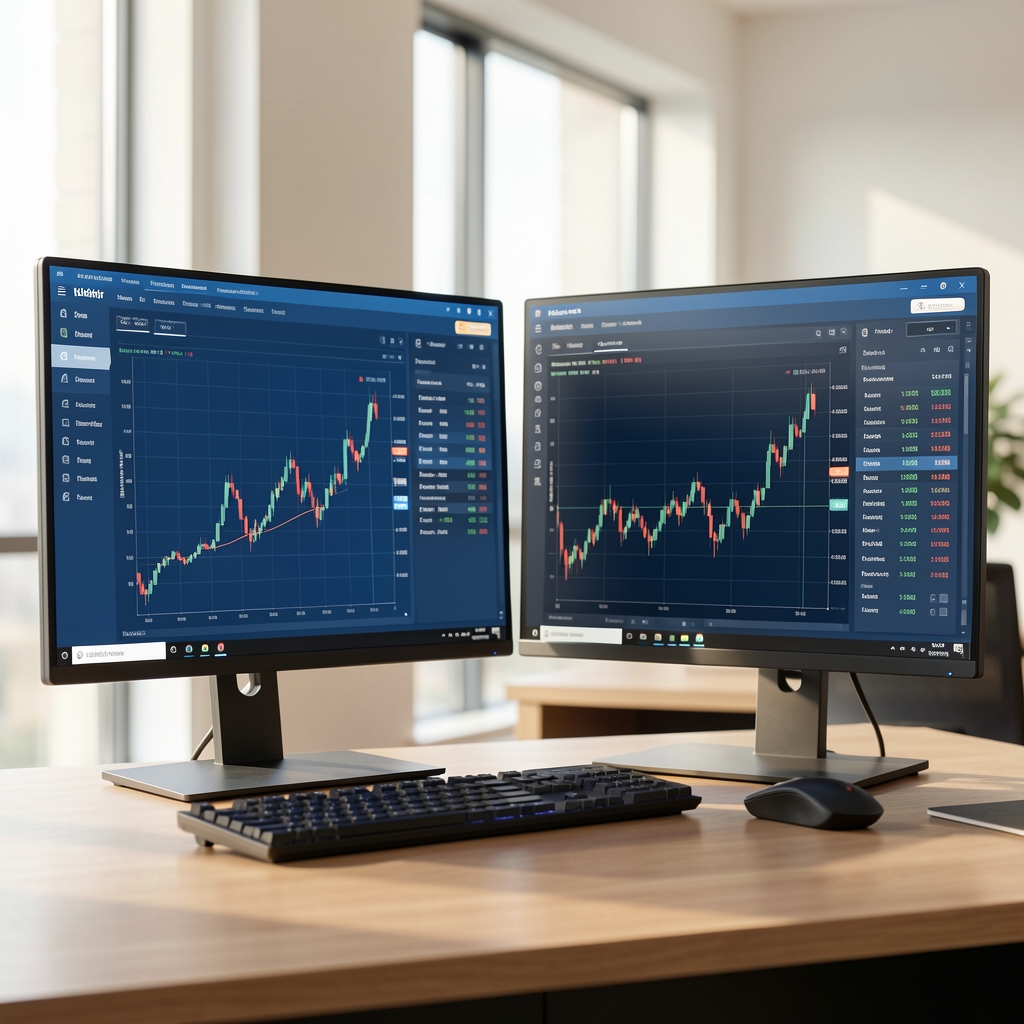 Экран с графиком роста портфеля ценных бумаг, индексные фонды и ETF, синий интерфейс торгового терминала на двух мониторах