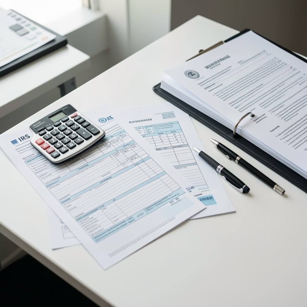 Аккуратно разложенные налоговые формы IRS, калькулятор, ручка и папка с документами на белом деловом столе